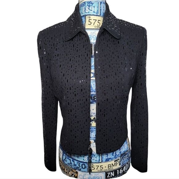 Rare St.John Evening Marie Gray Sequin Cardigan Zip-Up pailette Black 4 knit - Picture 9 of 13